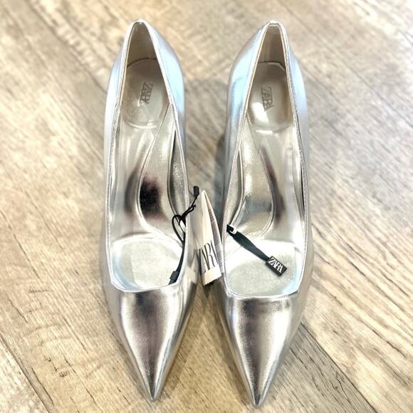 ZARA Metallic Pointed Toe Heels NWT | Silver Pumps | Size 7.5 - Picture 9 of 16